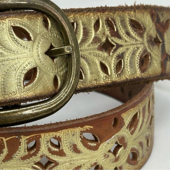 Fossil Distressed Laser Cut Tooled Gold Tone Belt Western Bling Festival Cowgirl - Picture 5 of 11